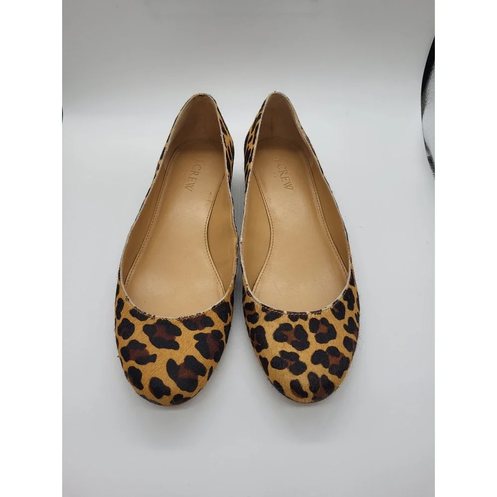 J.Crew Leopard Calf Hair Flats Low Block‎ Heel Brown Animal Print Size 7 Vegan